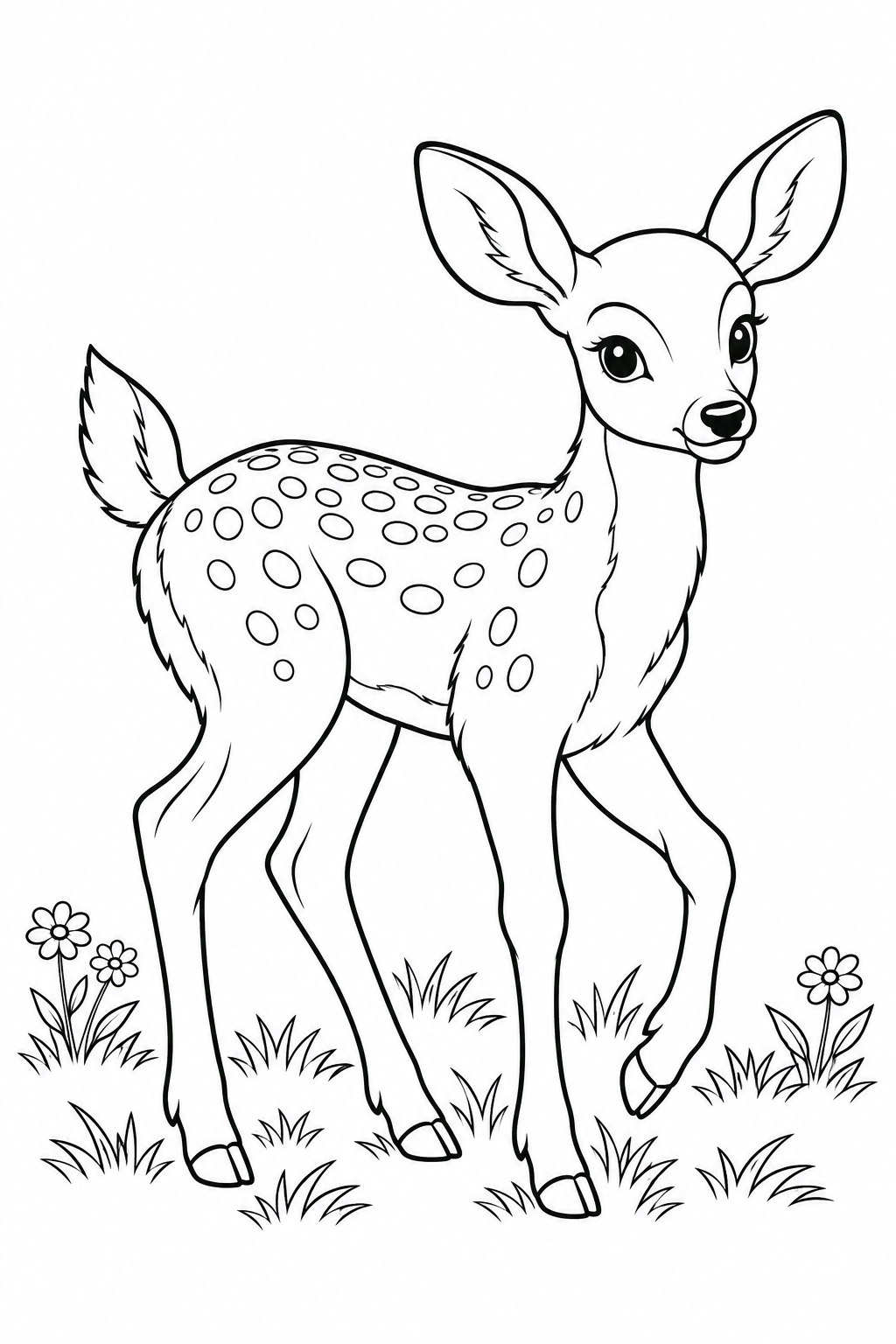 Un cerf tacheté lève une patte avant parmi les touffes d’herbe et les petites fleurs.
