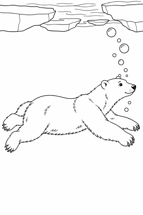 A polar bear swims beneath sea ice with four paws and bubbles around its body.