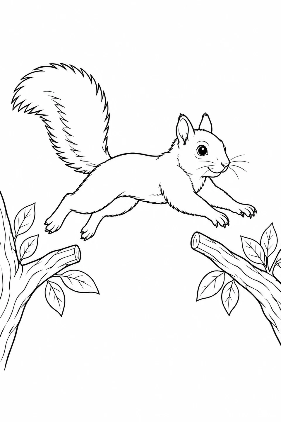 A squirrel stretches its four limbs as it leaps between two nearby branches.