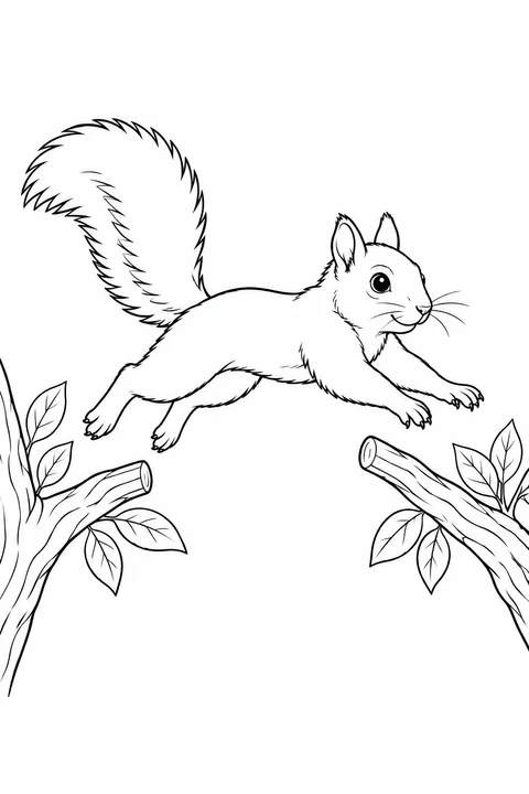 A squirrel stretches its four limbs as it leaps between two nearby branches.