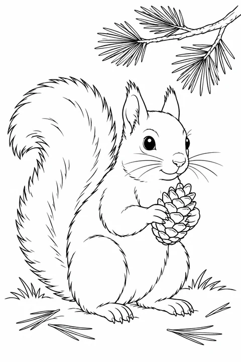 A squirrel holds a pine cone between its front paws.