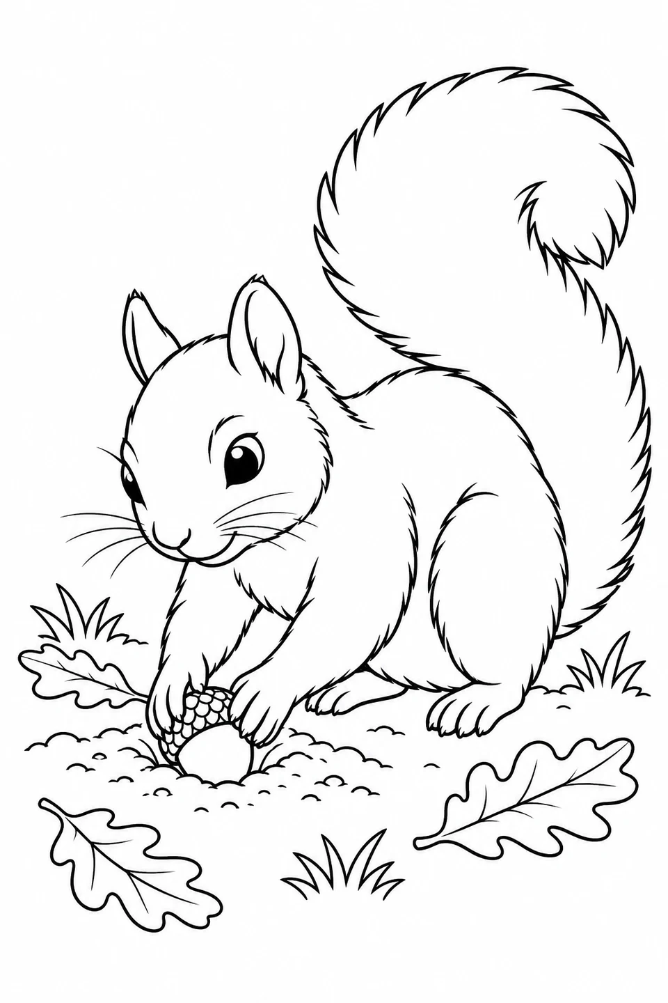 A squirrel buries an acorn in a shallow hole beside fallen leaves.
