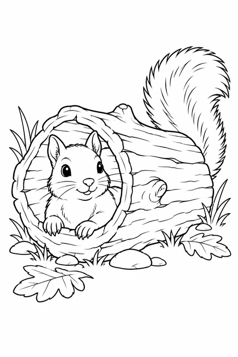 A squirrel peeks from a hollow fallen log, with its tail at the far end.