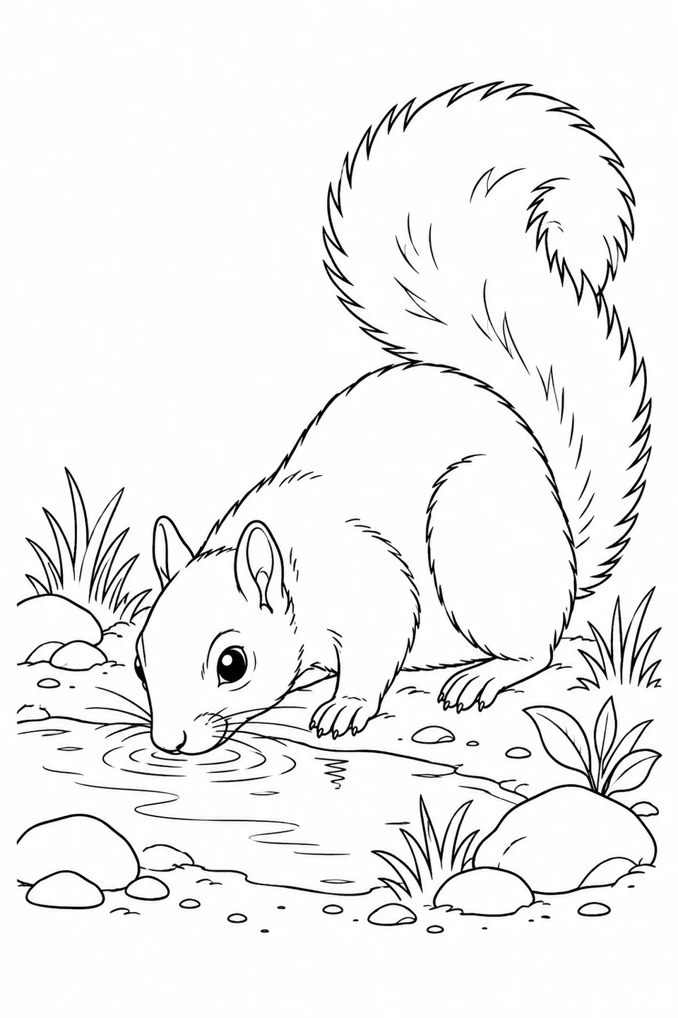A squirrel bends down to drink from a small woodland puddle.