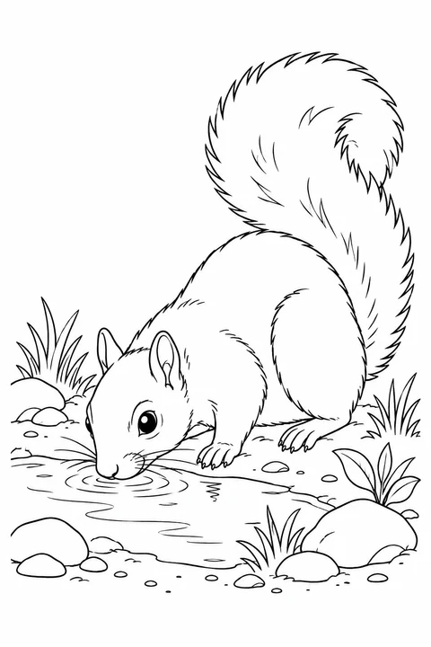 A squirrel bends down to drink from a small woodland puddle.