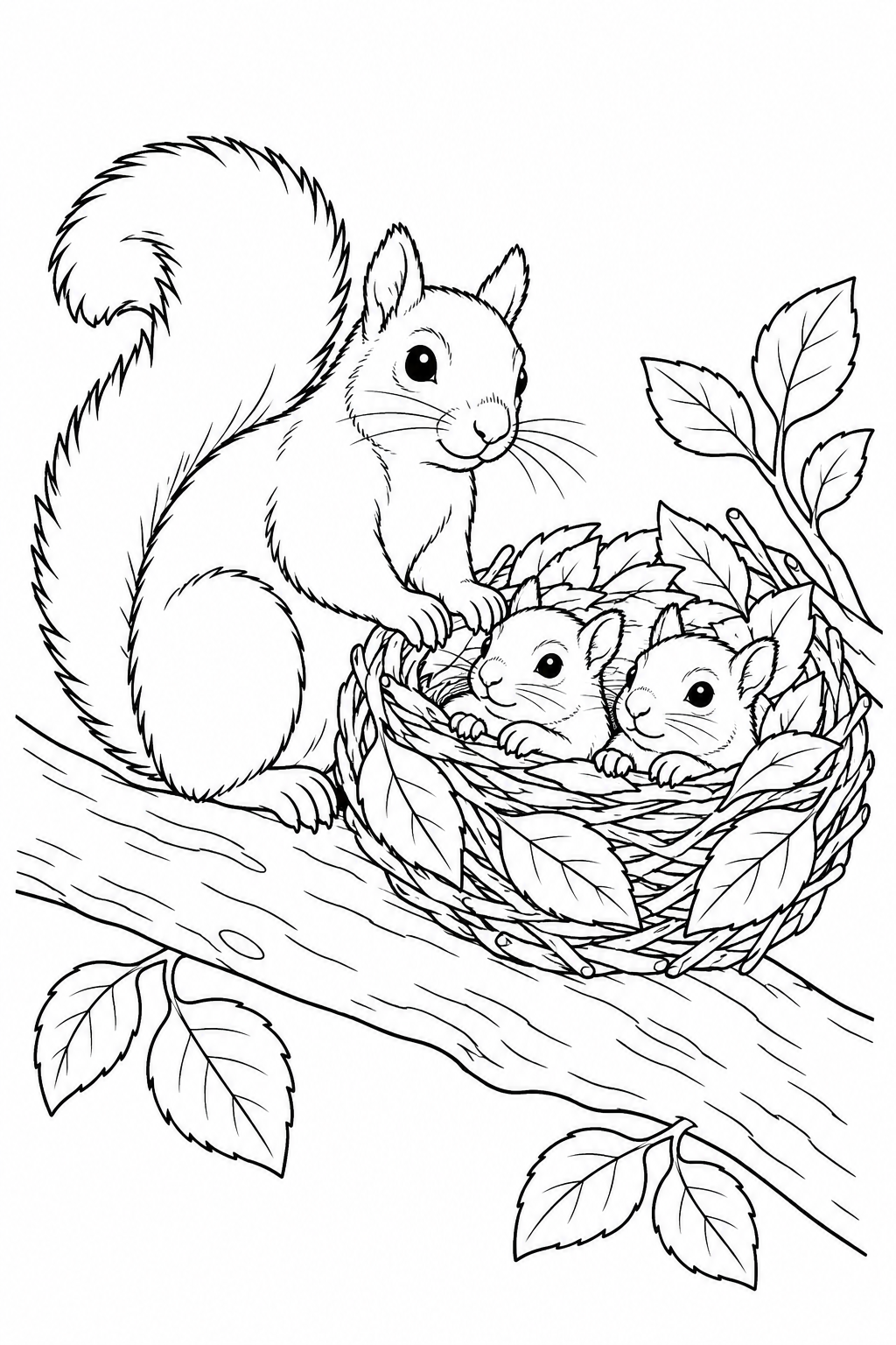 A large squirrel sits beside two smaller squirrels in a leafy twig nest on a branch.