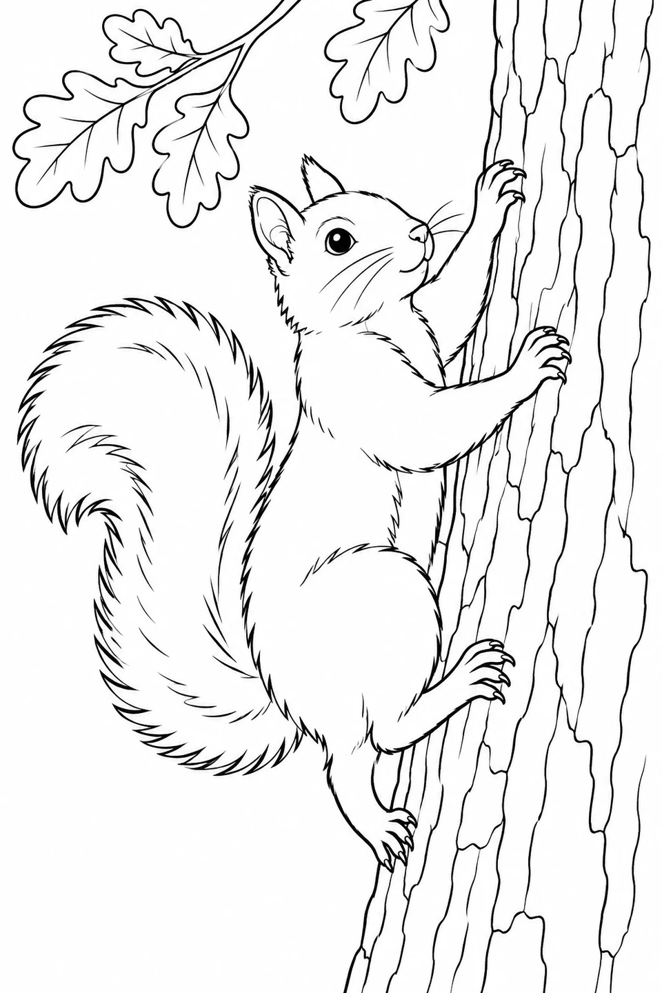 A squirrel grips an oak trunk with its paws, its bushy tail curving behind.