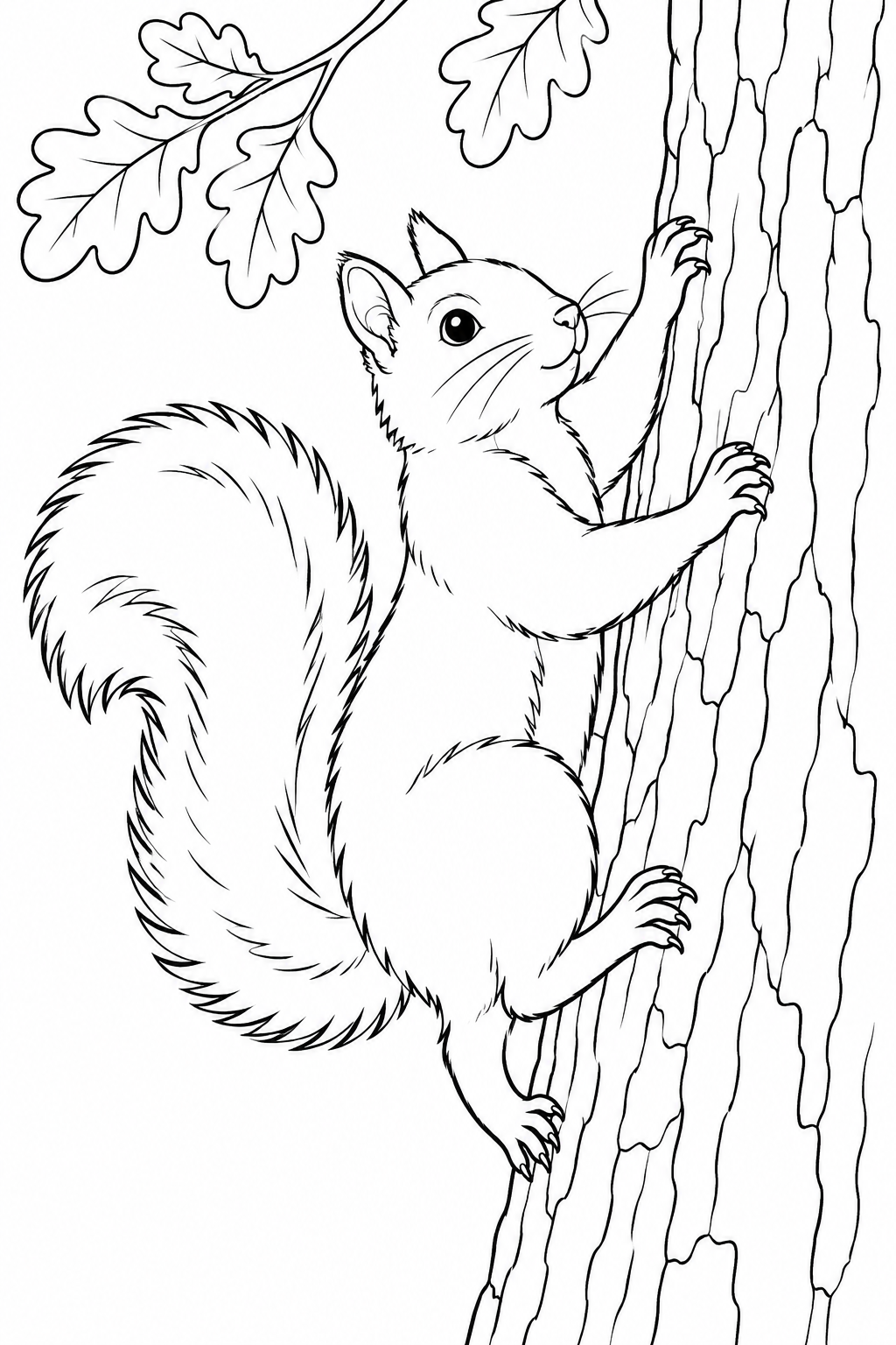 A squirrel grips an oak trunk with its paws, its bushy tail curving behind.