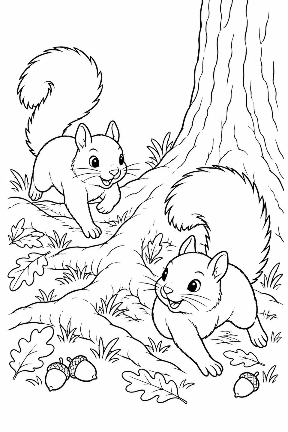 Two squirrels follow one another around low tree roots.