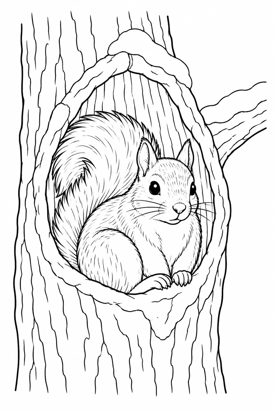 A squirrel rests in a tree hollow with snow around the entrance.