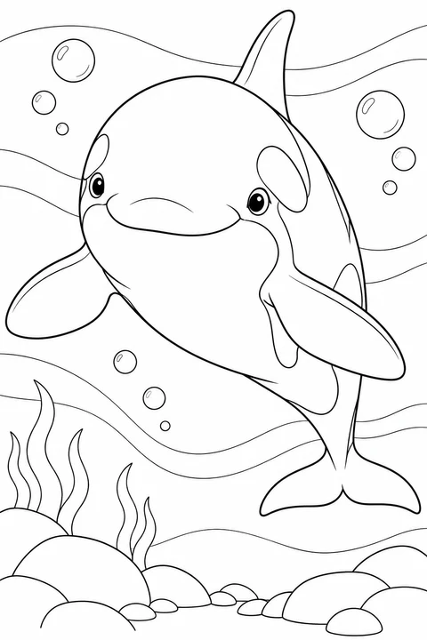 A friendly orca faces the viewer with flippers spread, surrounded by bubbles and flowing water lines.