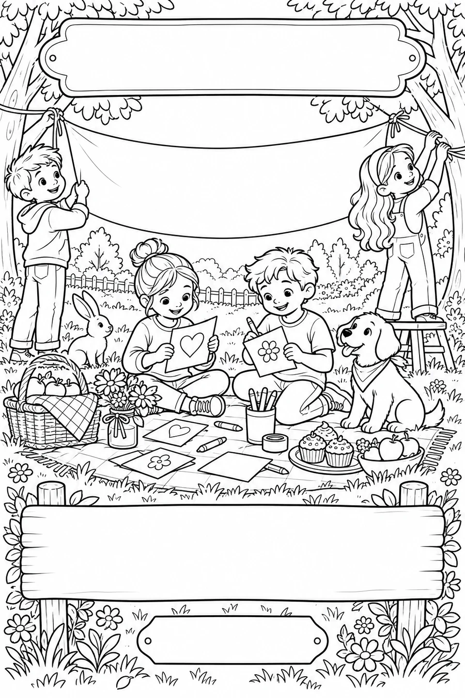 Black-and-white coloring card: A friendship picnic, with three blank writing areas.