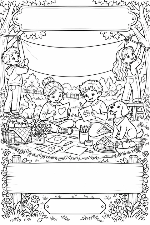 Black-and-white coloring card: A friendship picnic, with three blank writing areas.