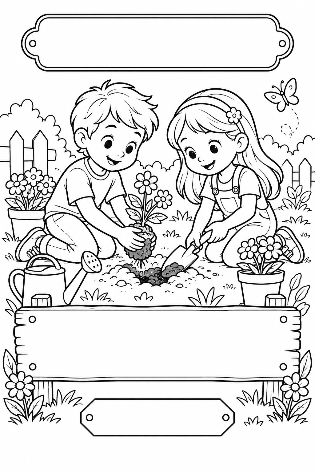 Black-and-white coloring card: Friends planting flowers, with three blank writing areas.