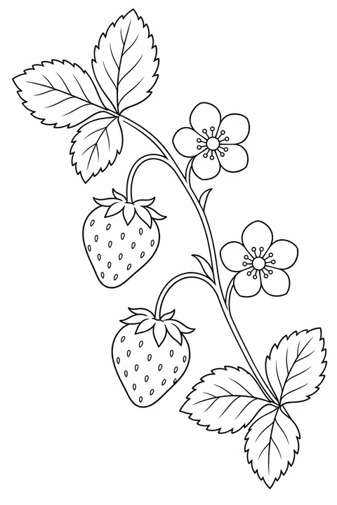 Curving strawberry branch with two fruits, two flowers and serrated leaf groups.
