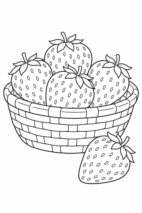 Wide woven basket holding strawberries, with one loose berry beside it.