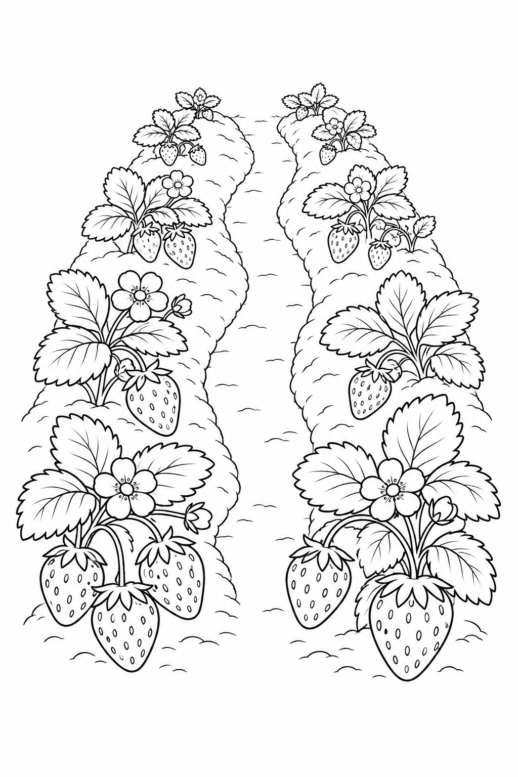 Two planted rows with strawberries, leaves and blossoms on either side of a narrow path.