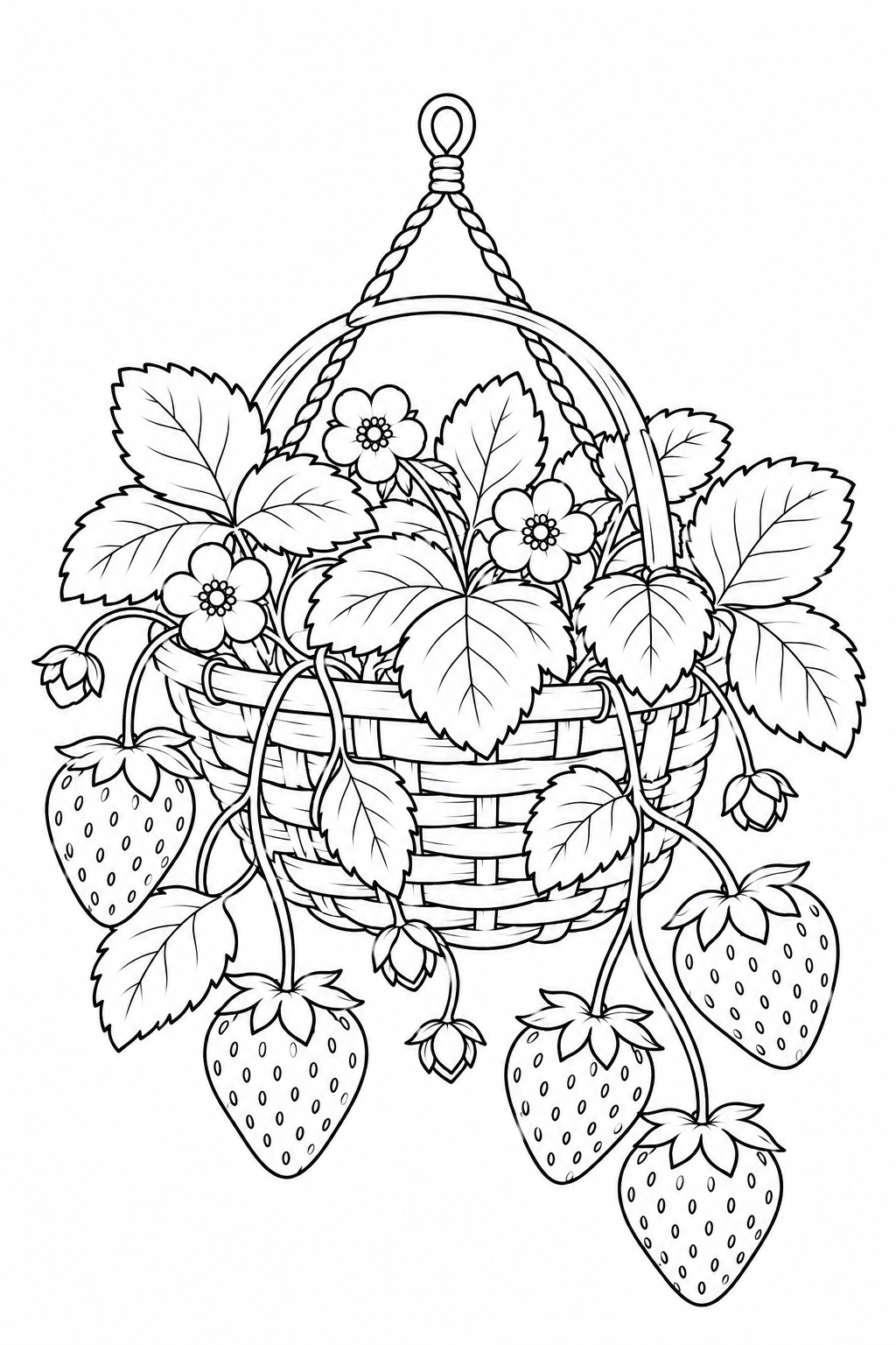 Hanging basket with strawberry leaves, flowers and five dangling berries.