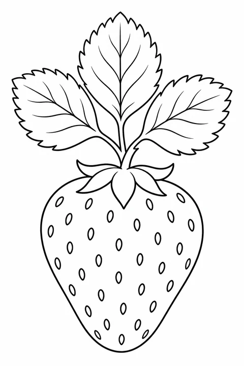 Large strawberry with outlined seeds and three serrated leaves above it.