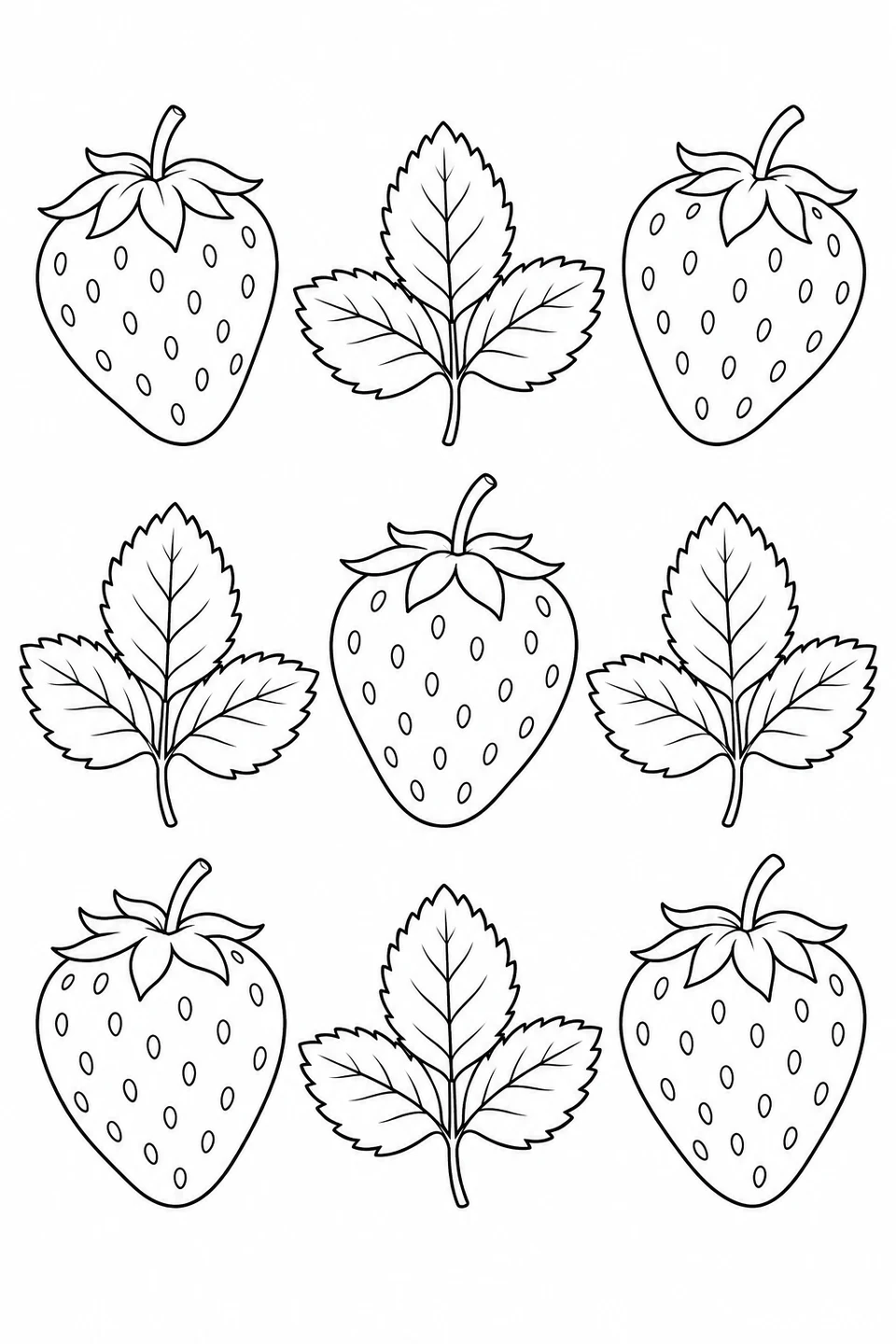 Open repeating pattern of five strawberries and four three-leaf sprigs.