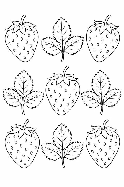Open repeating pattern of five strawberries and four three-leaf sprigs.