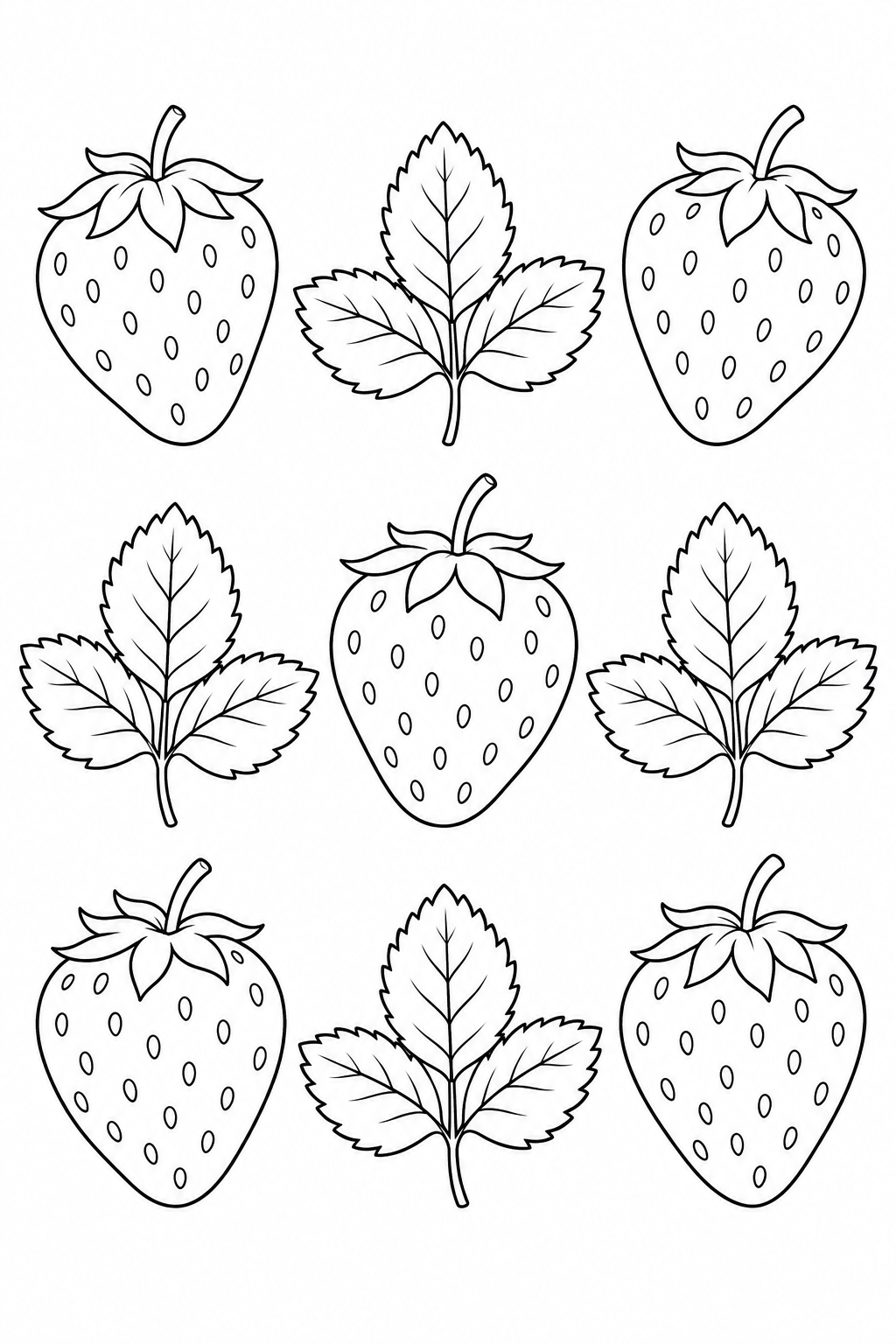 Open repeating pattern of five strawberries and four three-leaf sprigs.
