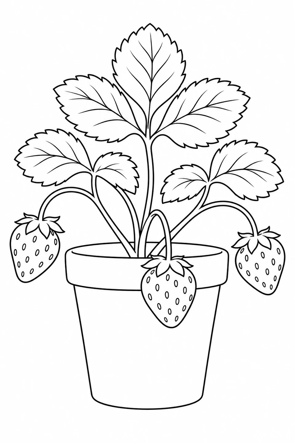 Potted strawberry plant with broad leaves and three fruits hanging outside the rim.