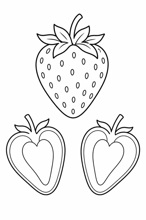 Whole strawberry above two halves with simple heart-shaped centers.