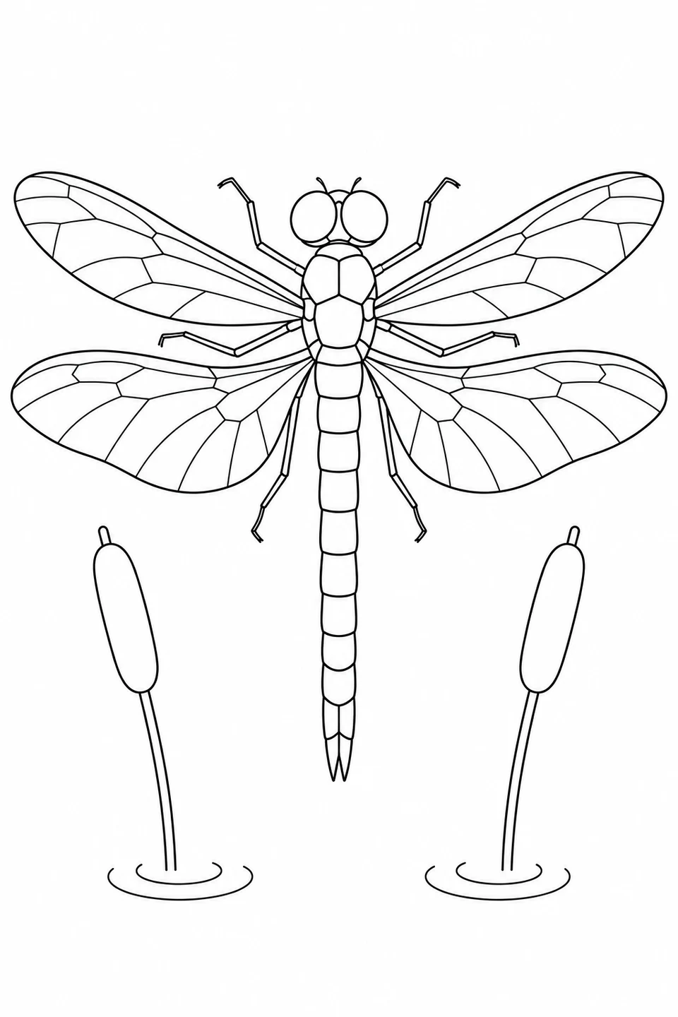 A dragonfly spreads four wings above the water between two tall cattail seed heads, with ripples around their stems.