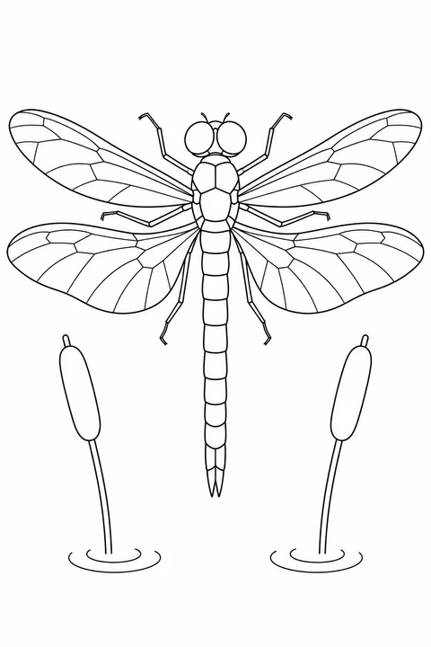 A dragonfly spreads four wings above the water between two tall cattail seed heads, with ripples around their stems.