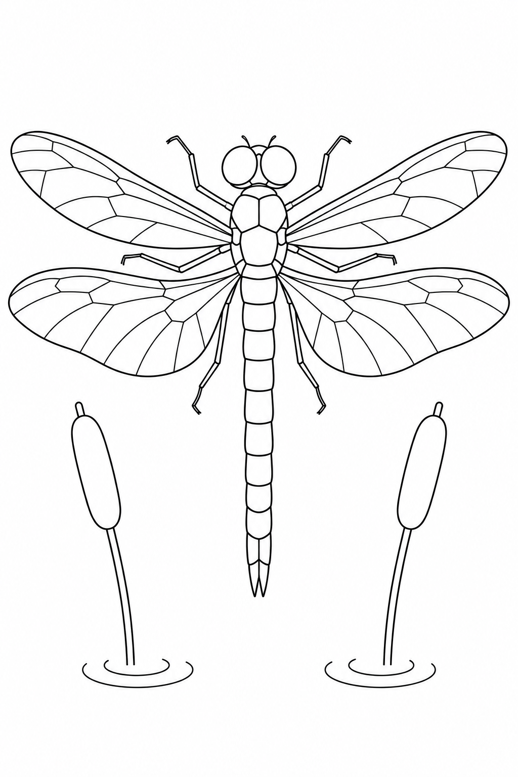 A dragonfly spreads four wings above the water between two tall cattail seed heads, with ripples around their stems.