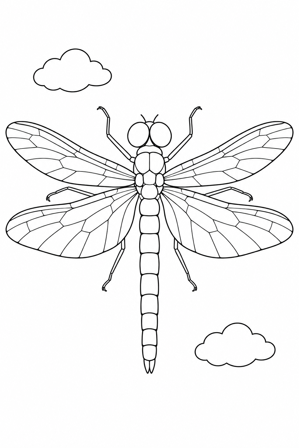 A dragonfly with four outstretched wings and a segmented body appears between two small rounded clouds on a blank sky.
