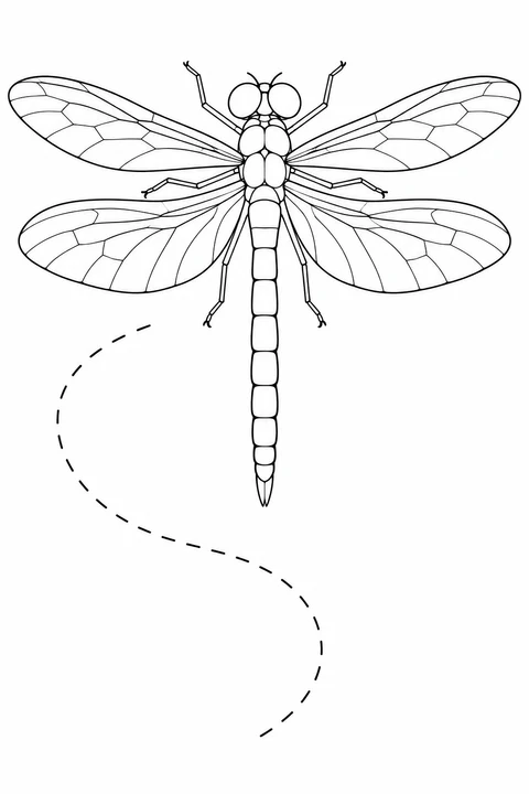 A dragonfly with four open wings appears above a loose S-shaped trail made of short dashes.