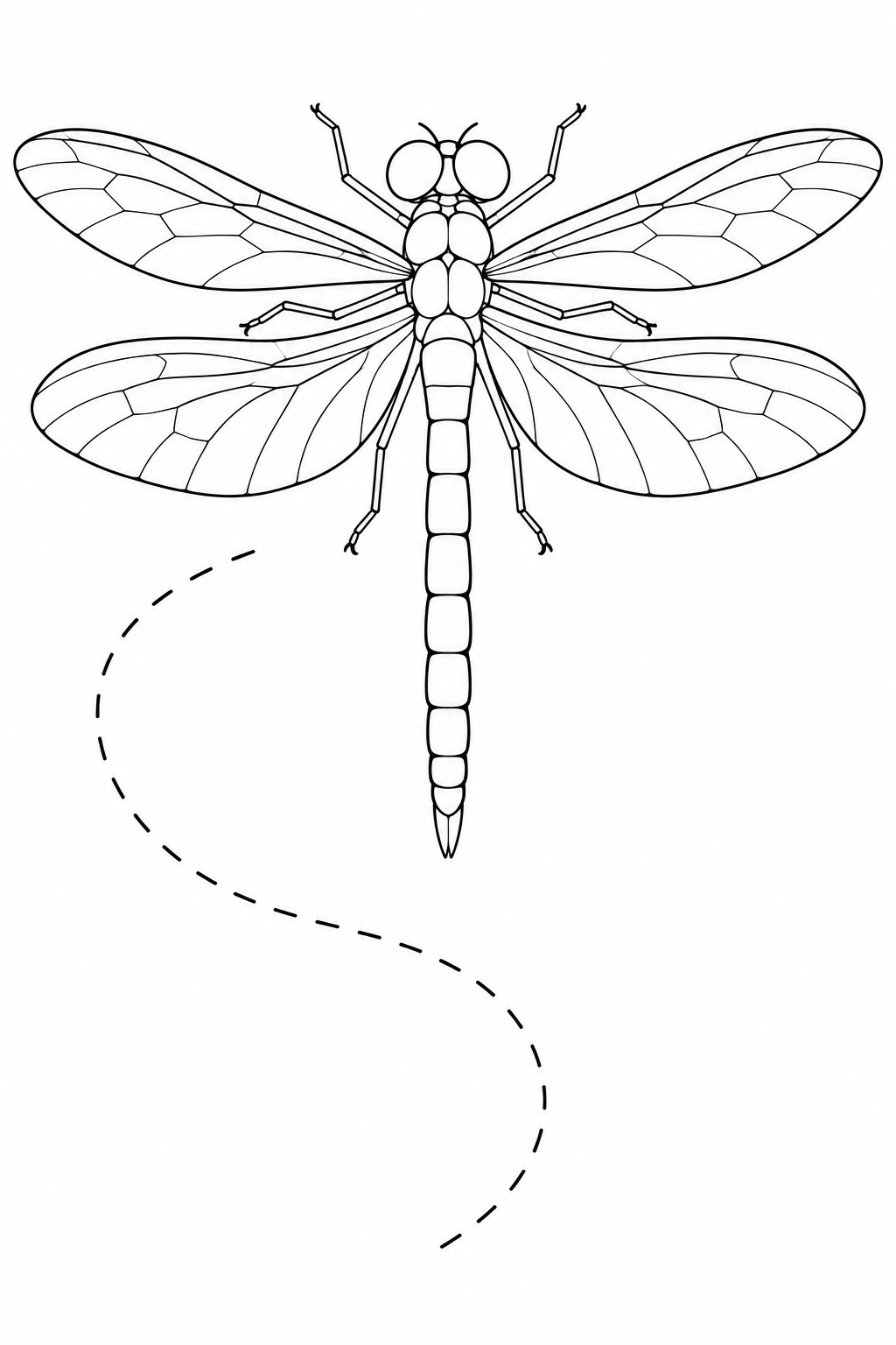 Eine Libelle mit vier geöffneten Flügeln steht über einer lockeren S-förmigen Flugspur aus kurzen Strichen.