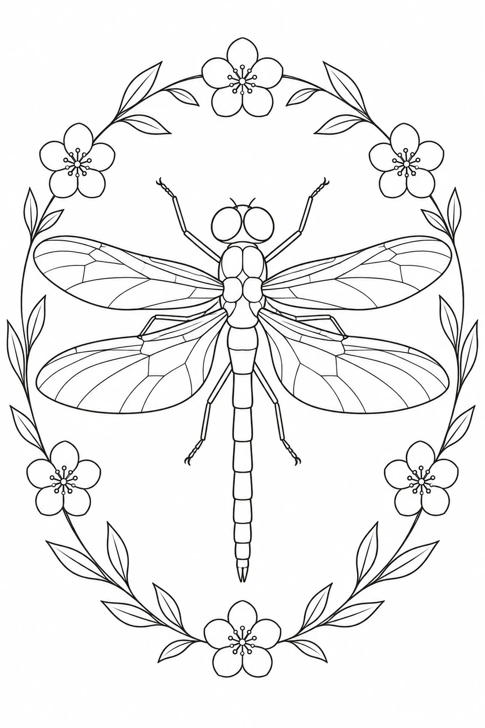 A dragonfly spreads its wings inside an oval wreath of five-petaled flowers and pointed leaves.