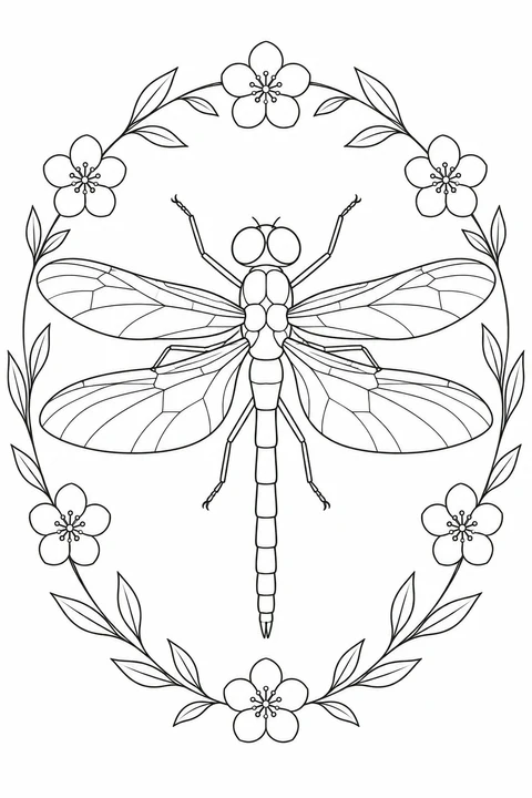 A dragonfly spreads its wings inside an oval wreath of five-petaled flowers and pointed leaves.