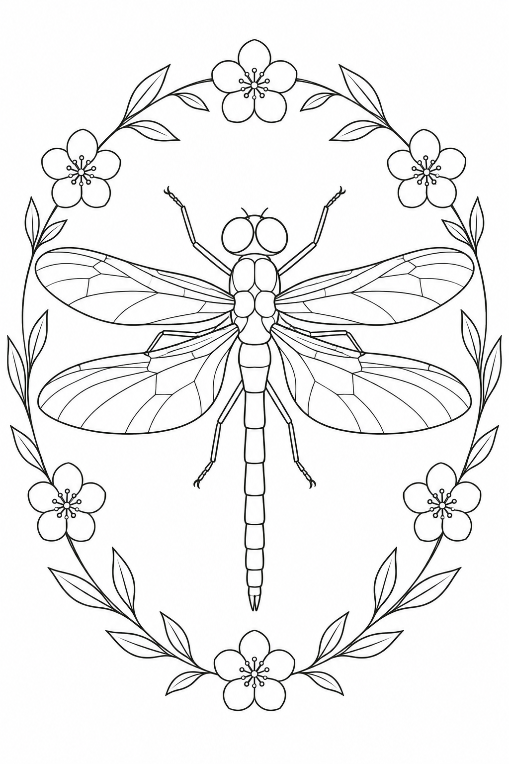 A dragonfly spreads its wings inside an oval wreath of five-petaled flowers and pointed leaves.