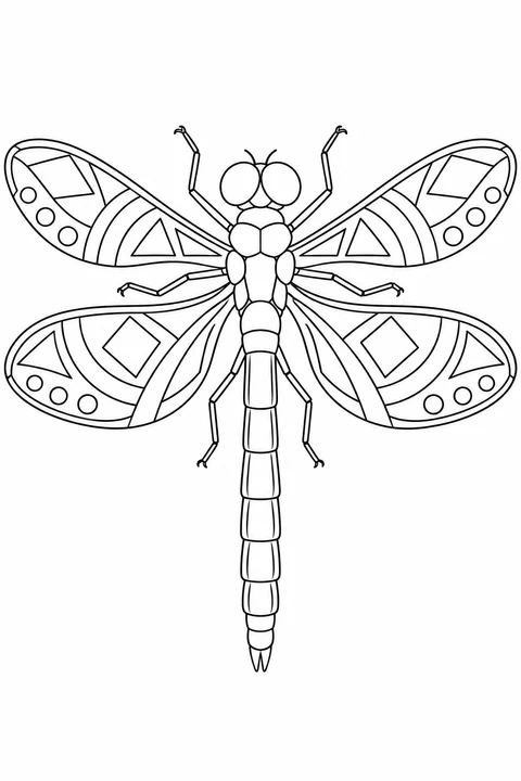 A dragonfly’s four wings contain decorative triangles, diamonds, circles and curved bands around a segmented body.