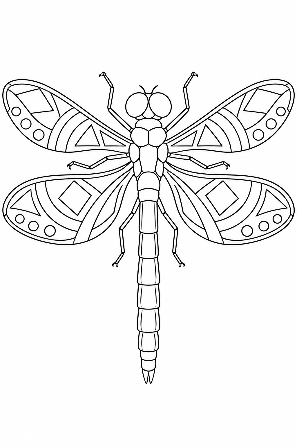 A dragonfly’s four wings contain decorative triangles, diamonds, circles and curved bands around a segmented body.