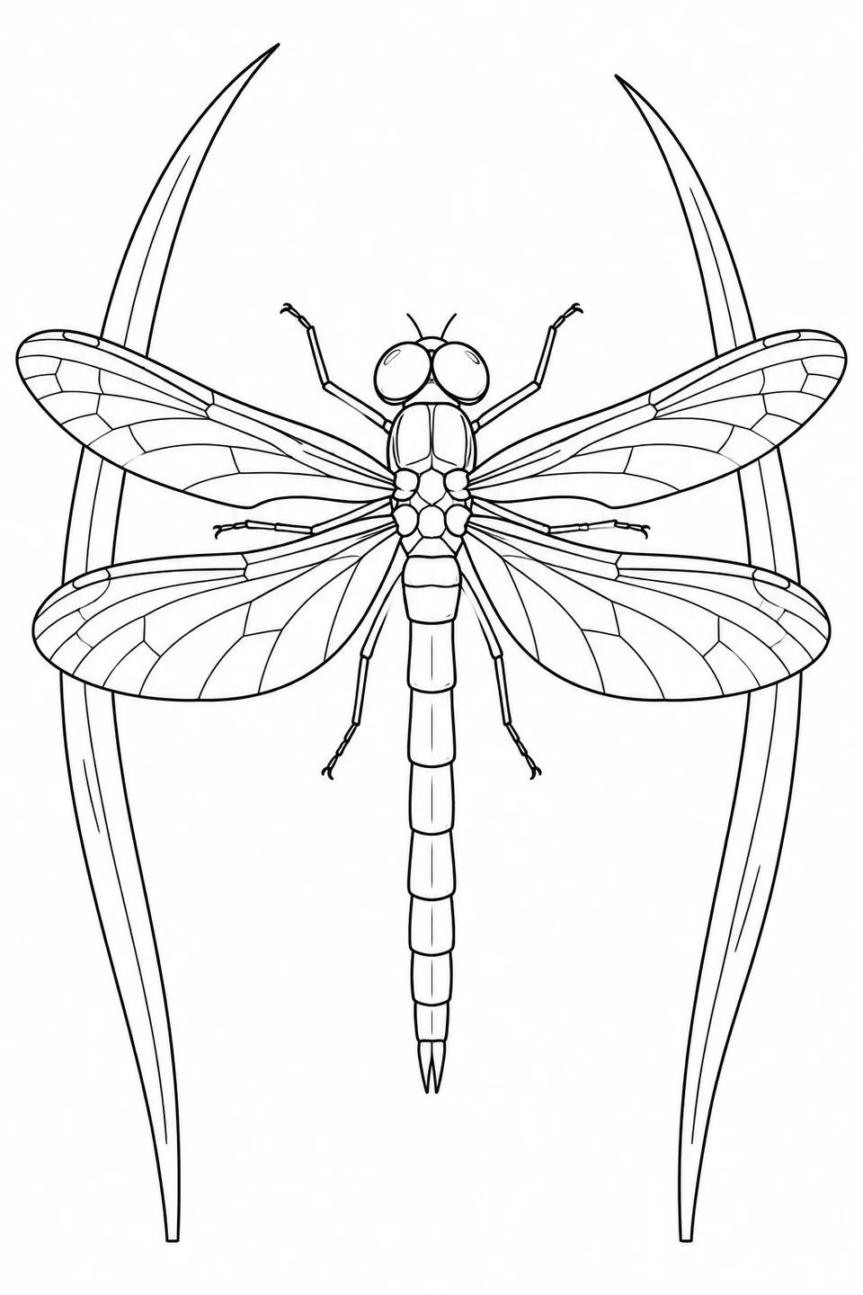 A dragonfly opens four wings between two tall, curved grass blades that frame its segmented body.