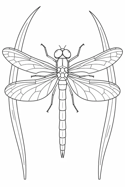 A dragonfly opens four wings between two tall, curved grass blades that frame its segmented body.