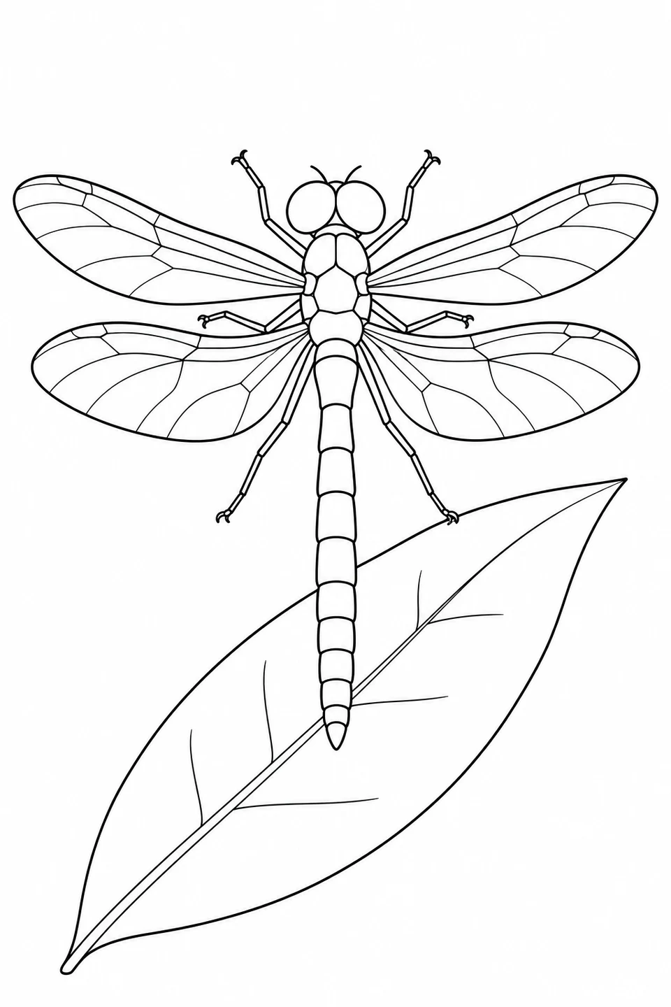 A dragonfly spreads four wings above one long pointed leaf angled across the page; one rear foot touches its edge.