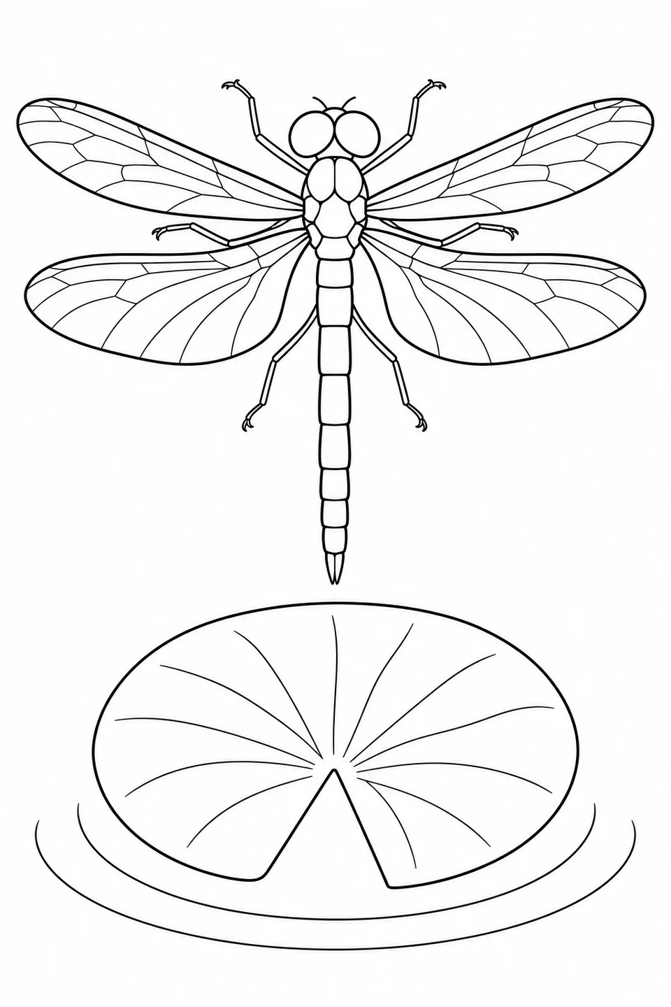 A dragonfly with four spread wings hovers above a large notched lily pad and curved water lines.