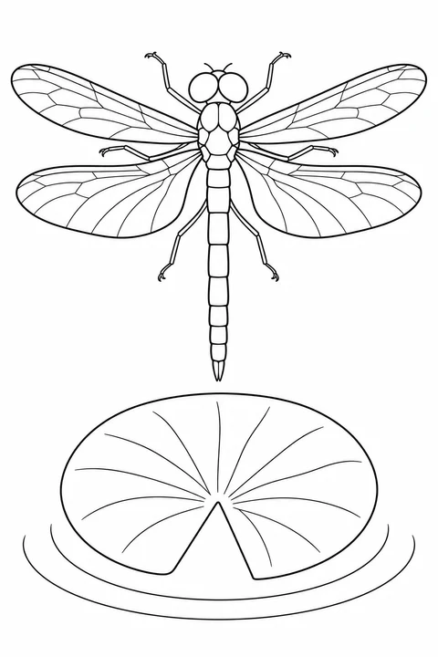 A dragonfly with four spread wings hovers above a large notched lily pad and curved water lines.