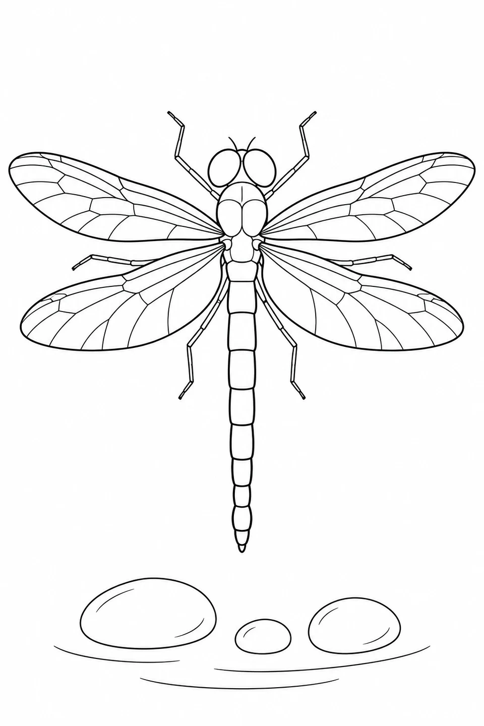 A dragonfly with open wings floats above three rounded pebbles of different sizes and curved water lines.
