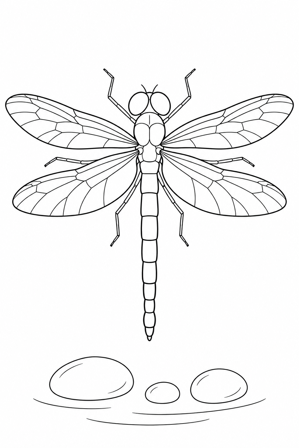 Una libellula con le ali aperte vola sopra tre ciottoli arrotondati di dimensioni diverse e linee curve sull’acqua.