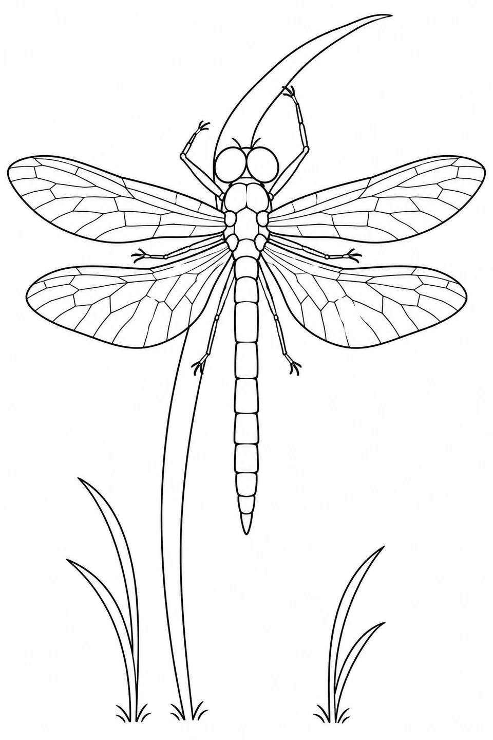 A dragonfly with four open wings rests against a tall curved reed, with two smaller grass tufts below.