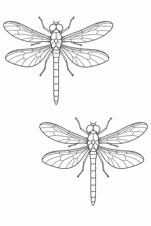 Two dragonflies with long segmented bodies and four wings each sit diagonally apart on a blank background.