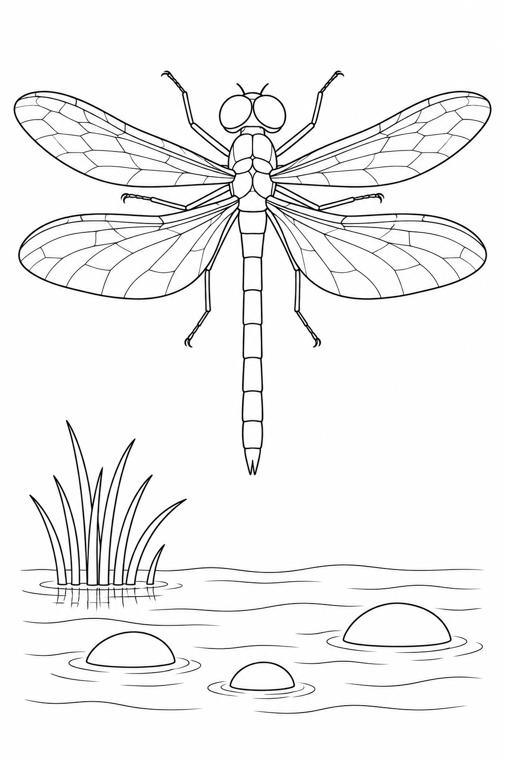 Una grande libellula apre quattro ali sopra le increspature di uno stagno, tre pietre lisce e un ciuffo di foglie lunghe sul bordo dell’acqua.