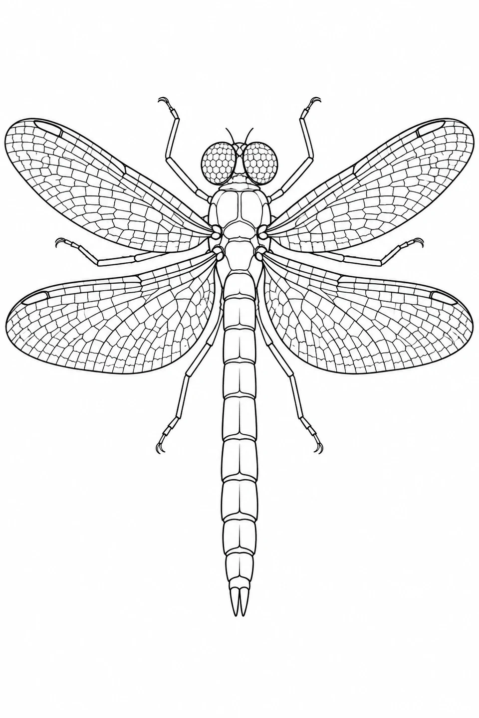 A dragonfly has four wings filled with a fine network of small cells and a long segmented body.